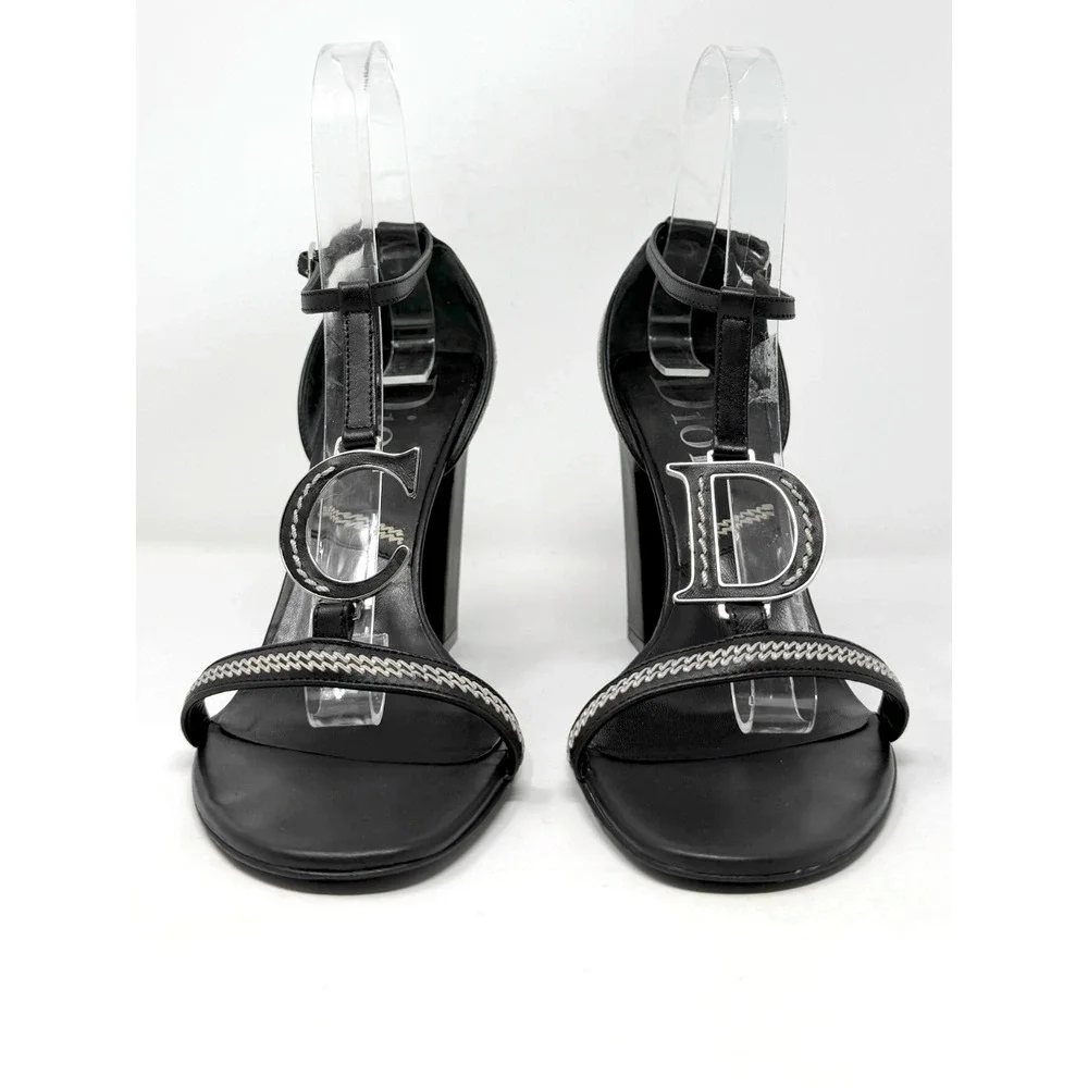 Dior Black CD Logo T Strap Block Heel Sandals 38.5 Galliano Runway